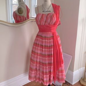 LAST CHANCE Beautiful 1950's pink and olive green stripe fit flare dress xs s